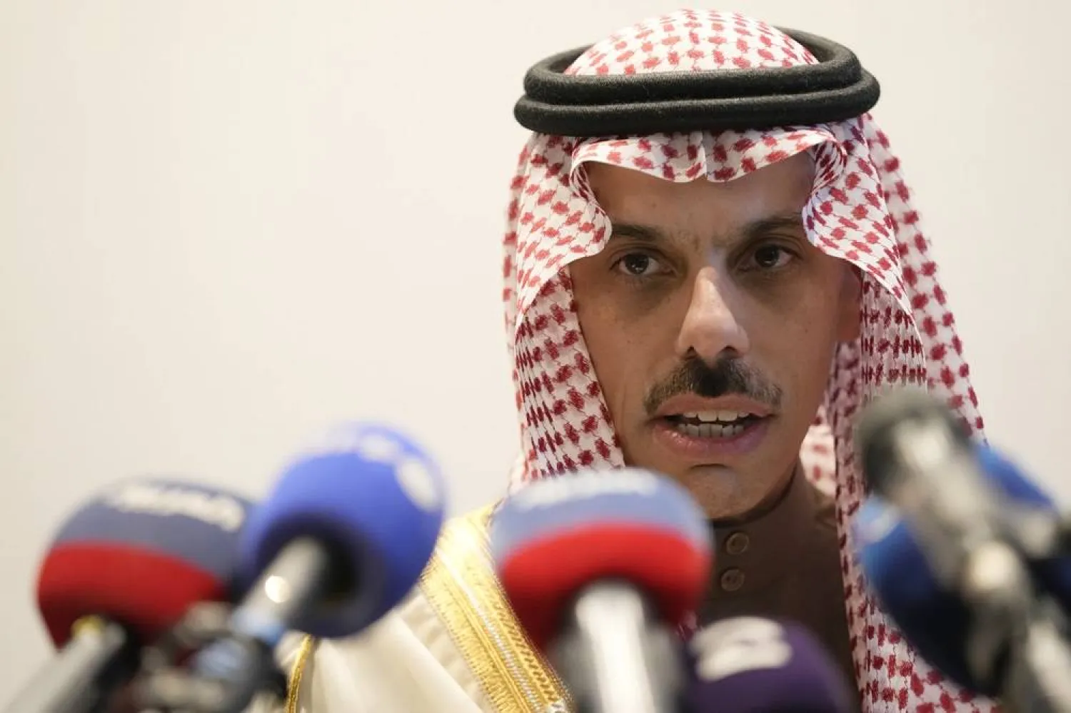 Saudi Minister of Foreign Affairs Prince Faisal bin Farhan bin Abdullah speaks during a media conference after talks on the Middle East in Brussels, Sunday, May 26, 2024. (AP)  