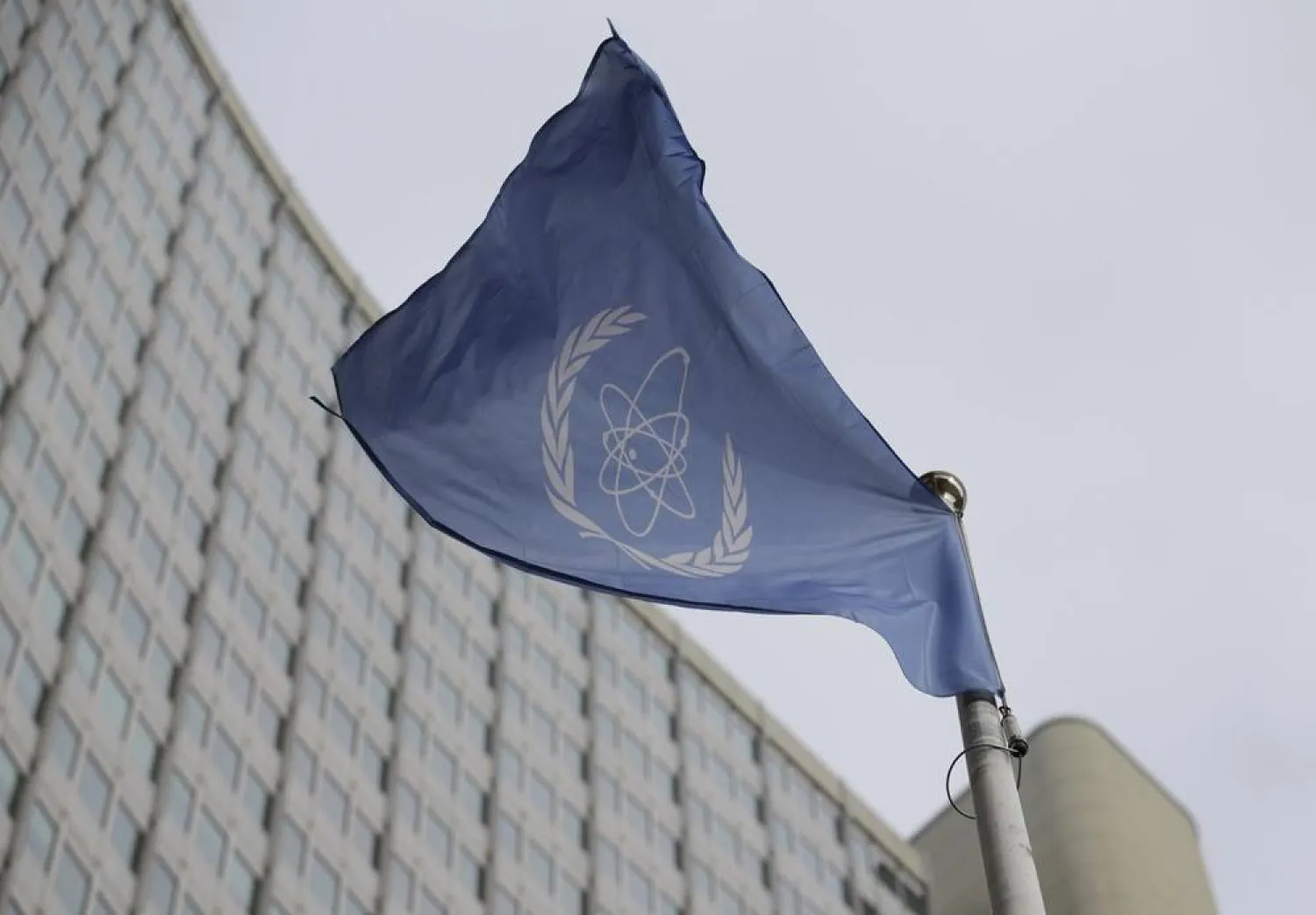 The flag of the International Atomic Energy Agency flies in front of its headquarters during an IAEA Board of Governors meeting in Vienna, Austria, on Feb. 6, 2023. (AP)