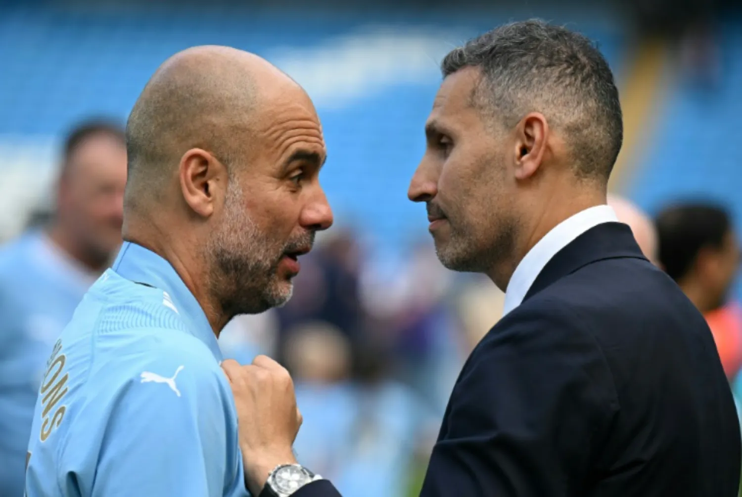 Manchester City chairman Khaldoon al-Mubarak and manager Pep Guardiola have delivered four consecutive Premier League titles - AFP
