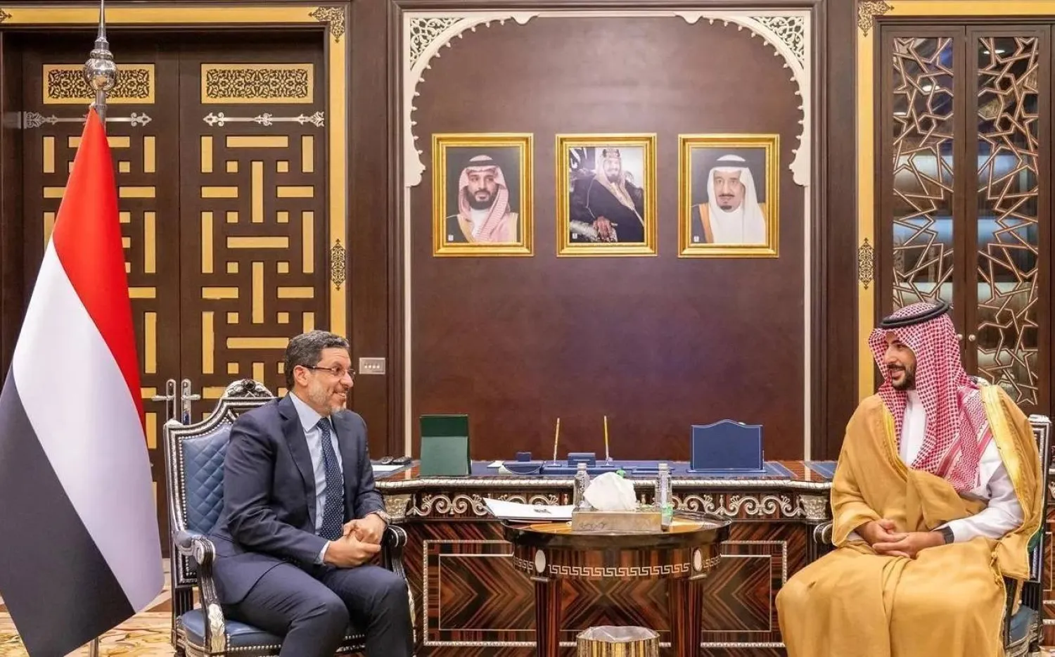 Saudi Minister of Defense Prince Khalid bin Salman bin Abdulaziz met with visiting Yemeni Prime Minister Dr. Ahmed Awad bin Mubarak. (SPA)