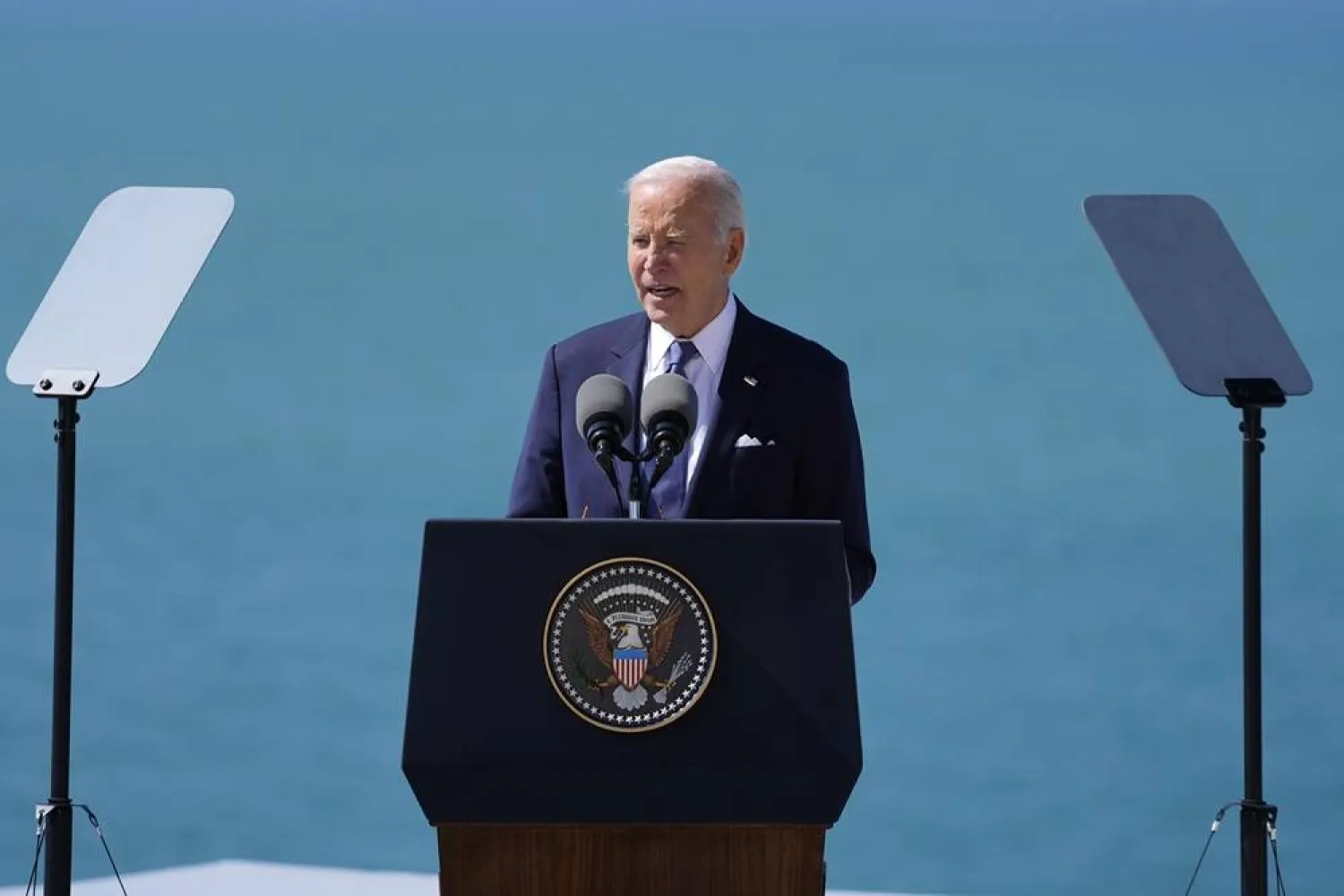  President Joe Biden delivers a speech on the legacy of Pointe du Hoc, and democracy around the world, Friday, June 7, 2024 as he stands next to the Pointe du Hoc monument in Normandy, France. (AP) 