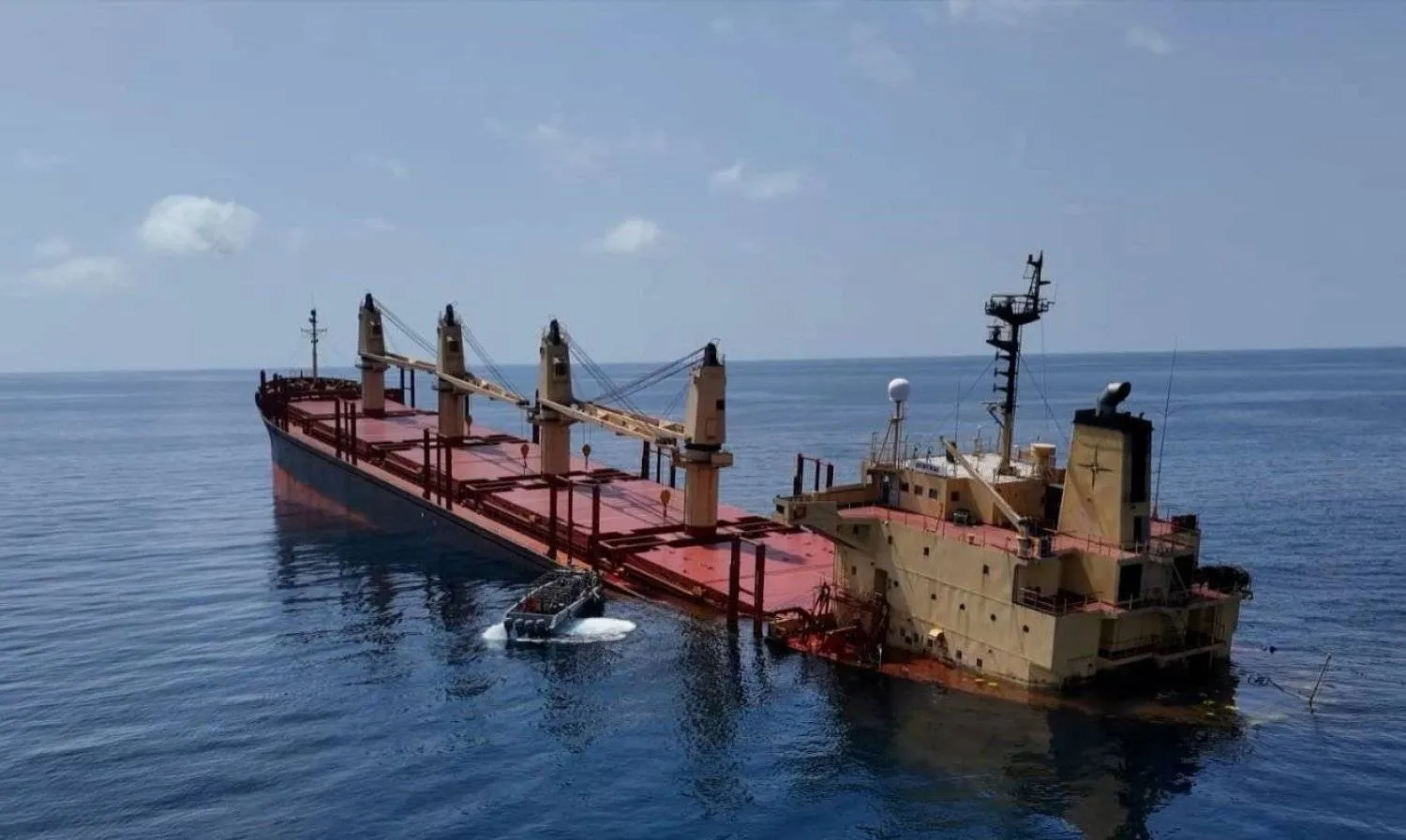 A handout photo shows the British-registered cargo vessel, Rubymar, sinking after being damaged in a missile attack by the Houthis in the Red Sea off the coast of Yemen, 26 February 2024. EPA