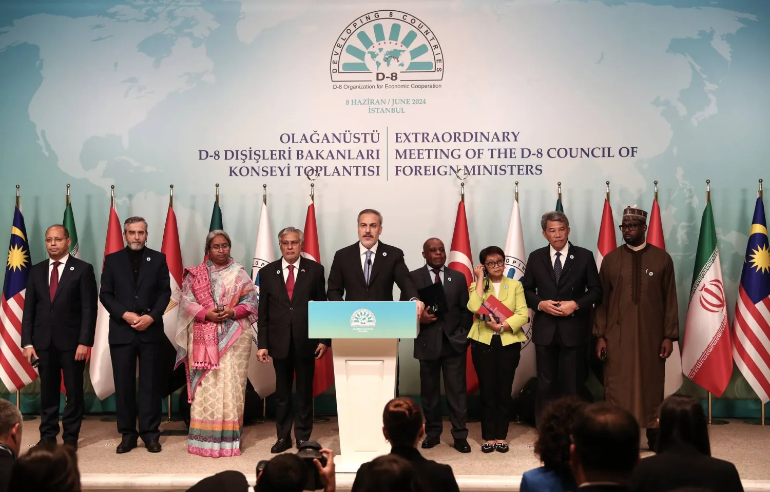 Turkish Foreign Minister Hakan Fidan (C) speaks as he participates in a joint press conference alongside other countries' representatives after an Extraordinary Meeting of the D-8 Council of Foreign Ministers to discuss the situation in Gaza, in Istanbul, Türkiye, 08 June 2024. EPA/ERDEM SAHIN