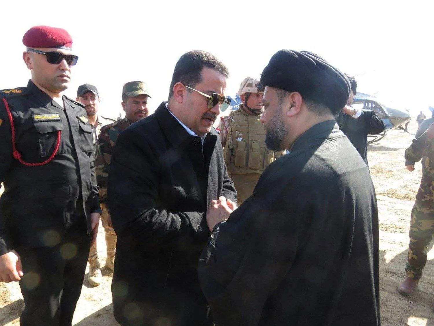 Leader of the Ansar al-Marjaiya faction Hamid al-Yasiri meets with Prime Minister Mohammed Shia al-Sudani in Nineveh. (Facebook) 