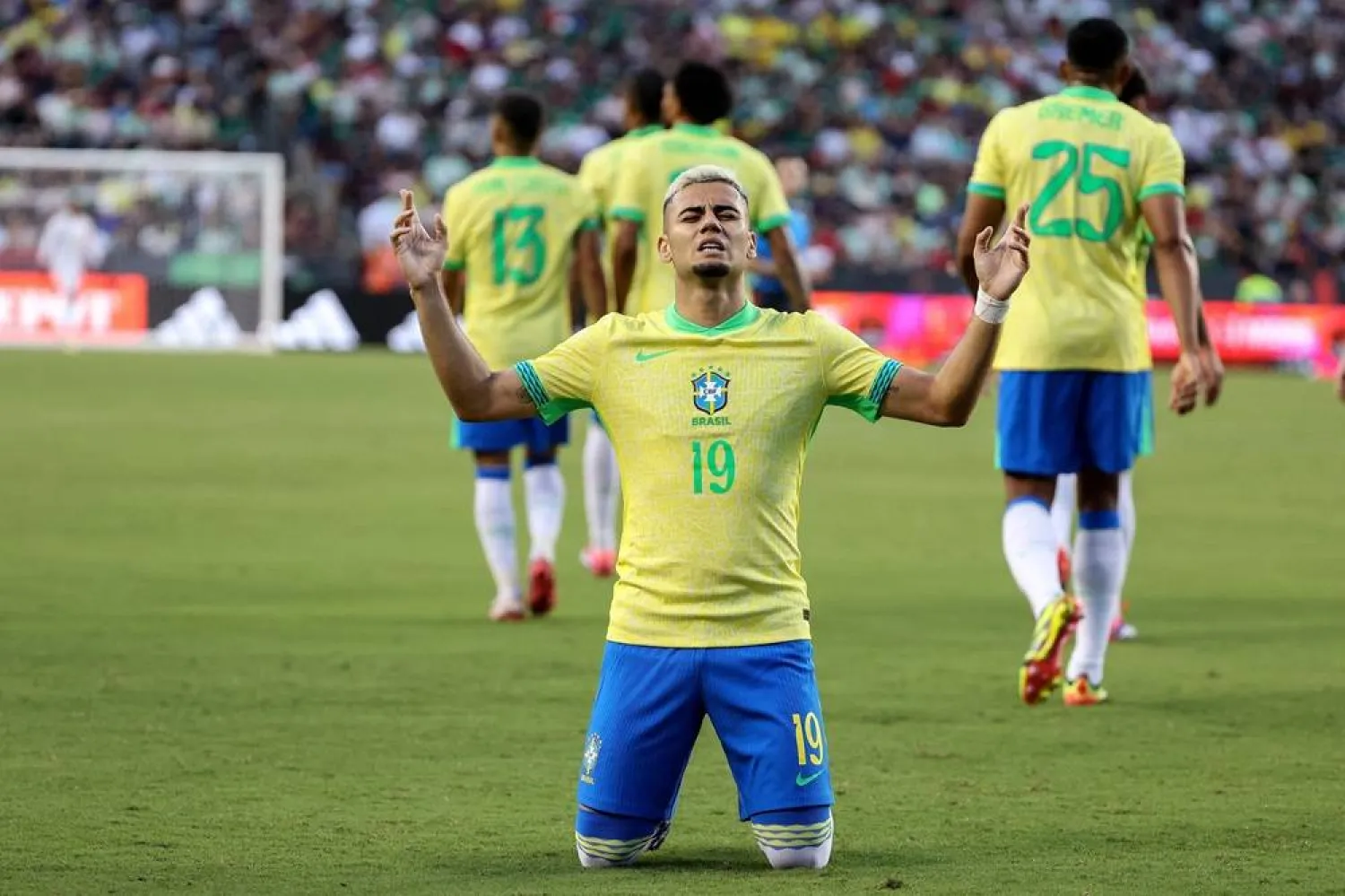 Andreas Pereira #19 of Brazil celebrates after scoring a goal in the first half against the Mexico during an international friendly at Kyle Field on June 08, 2024 in College Station, Texas. (Getty Images/AFP) 