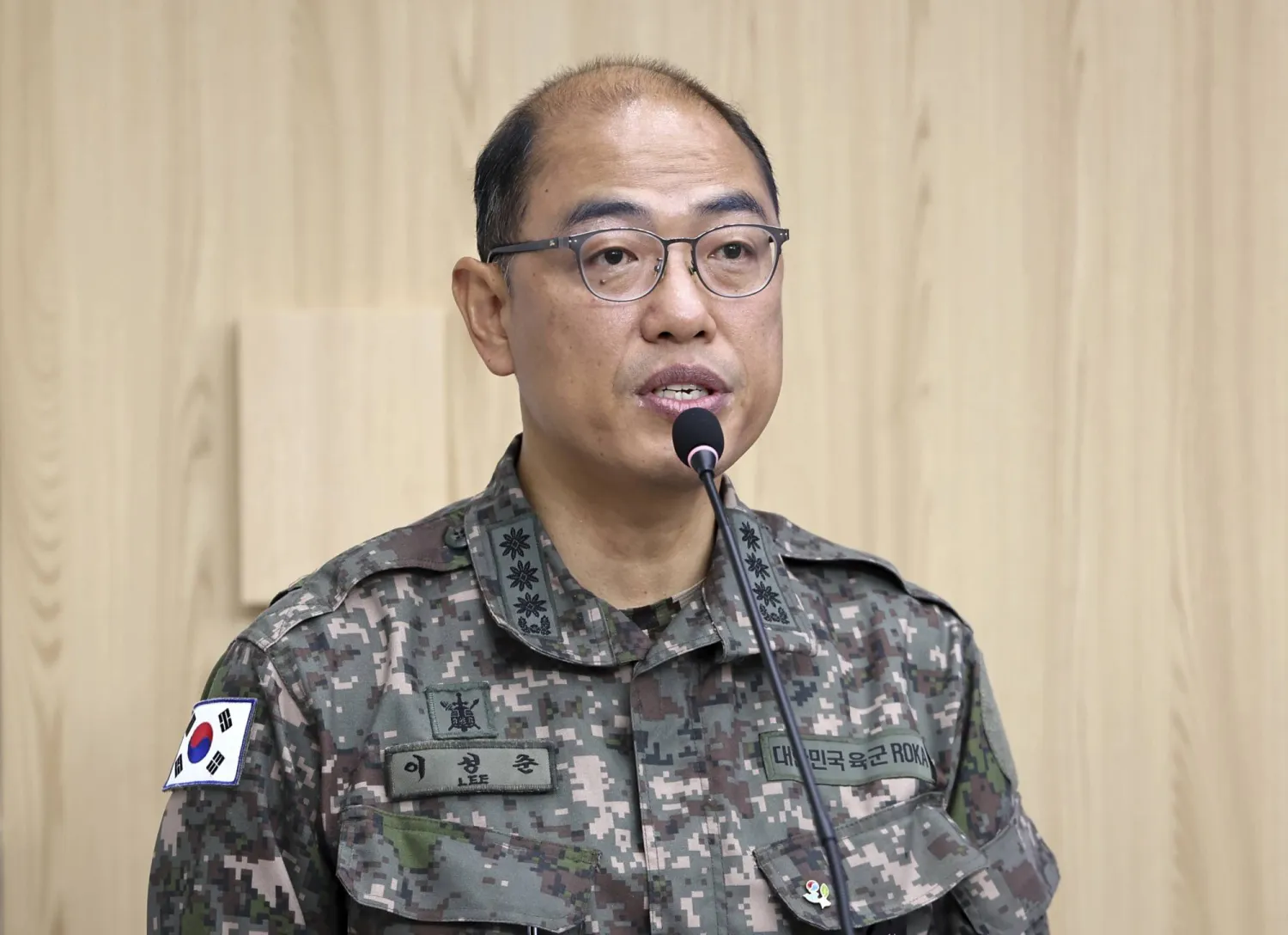 Lee Sung Joon, spokesperson of South Korea's Joint Chiefs of Staff, speaks during the briefing in Seoul, South Korea, Monday, June 10, 2024. (Yun Dong-jin/Yonhap via AP)