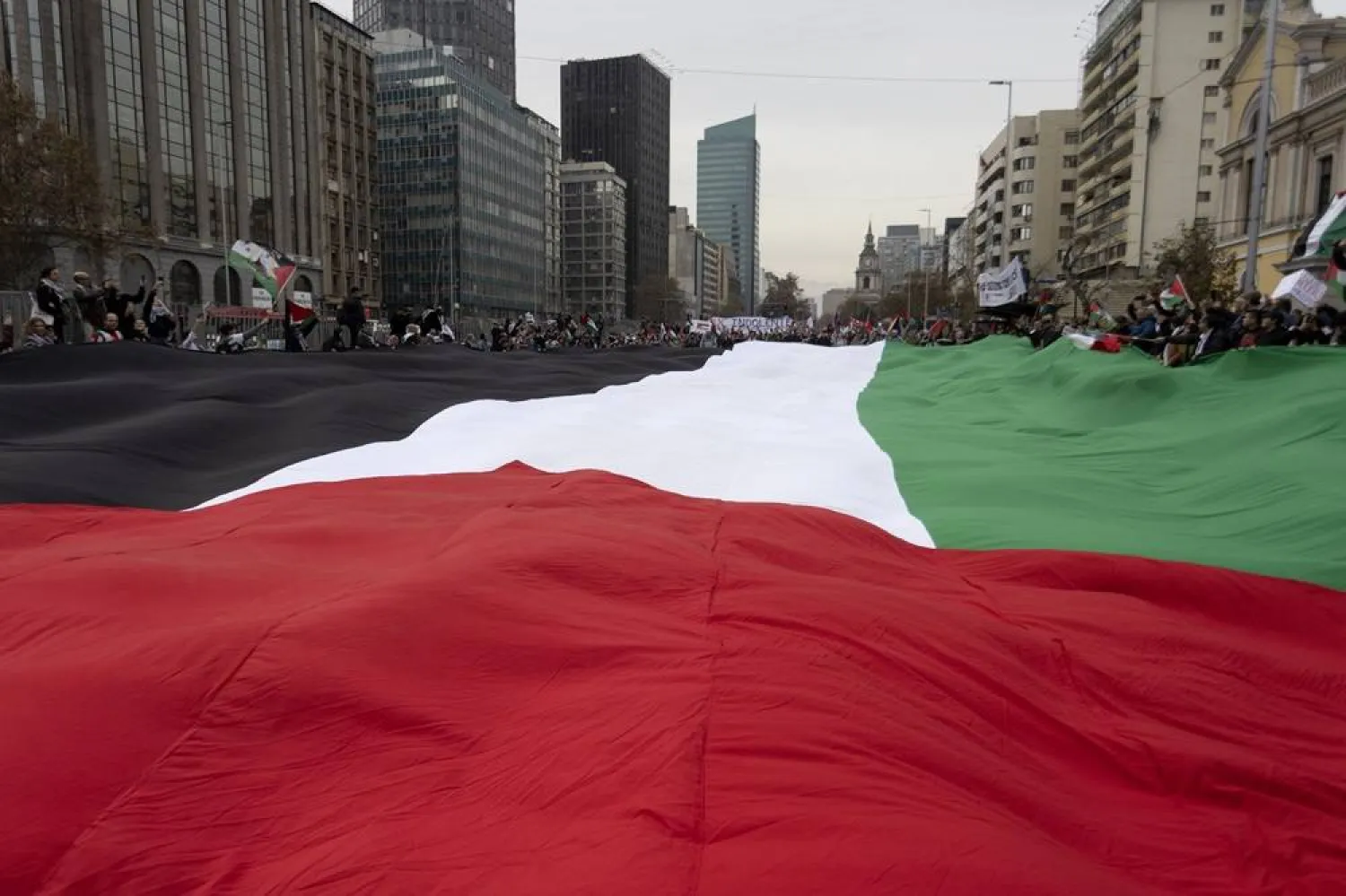 People participate in a pro-Palestinian demonstration in Santiago, Chile, 08 June 2024. (EPA)