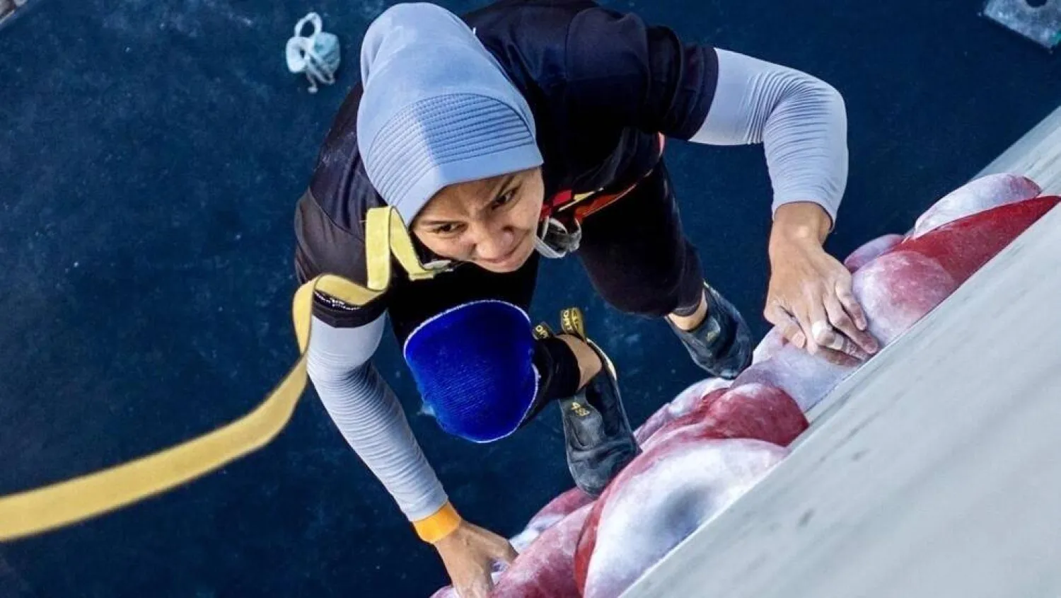 Indonesian climbing athlete Nurul Iqamah takes part in a training session in Bekasi, West Java. BAY ISMOYO / AFP

