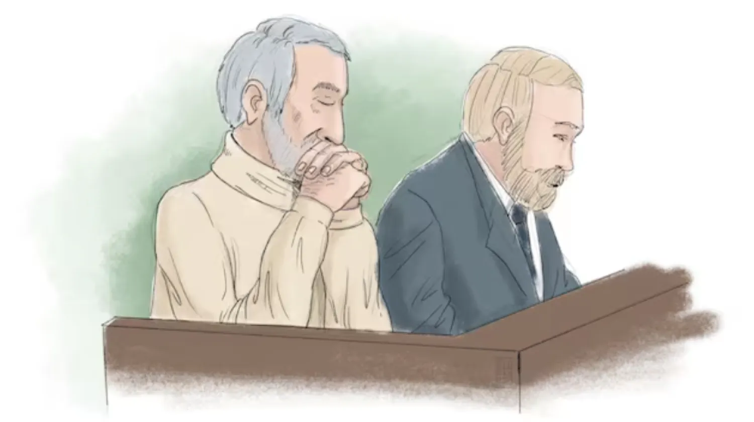 Hamid Noury, who is accused of involvement in the massacre of political prisoners in Iran in 1988, sits with attorney Thomas Soderqvist, during his trial, in this courtroom sketch, in Stockholm District Court, Sweden November 23, 2021. Anders Humlebo/TT News Agency via REUTERS/File Photo Purchase Licensing Rights