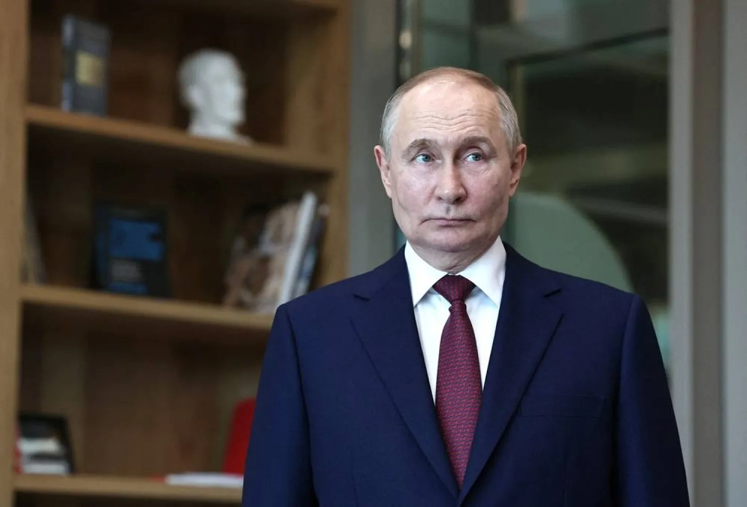 Russia's President Vladimir Putin visits Senezh Management Workshop before a meeting with participants of the "Time of Heroes" project established for Russian service members, who were involved in the country's military campaign in Ukraine and study to take up leadership positions in the state administration system, in the Moscow region's city of Solnechnogorsk, Russia June 14, 2024. (Sputnik/Alexander Kazakov/Pool via Reuters)