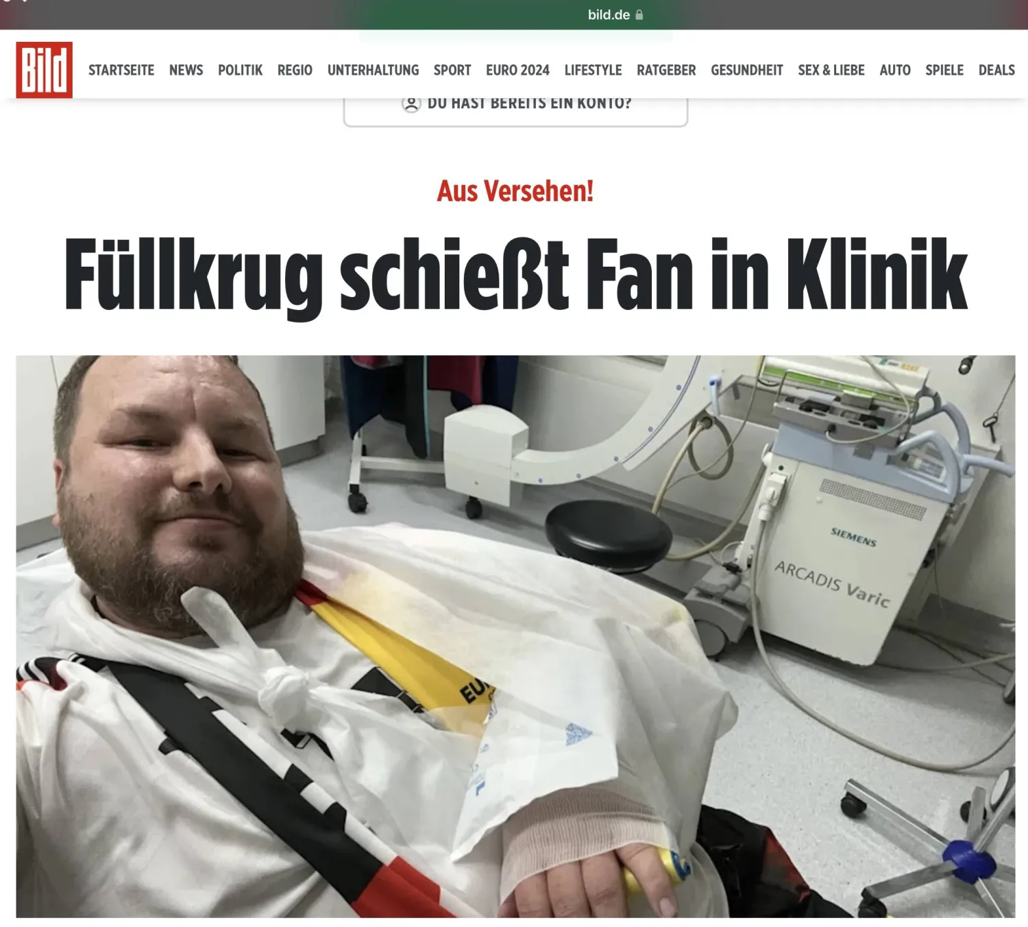 صورة نشرتها صحيفة بيلد الألمانية للمشجع الذي أُصيب بكسر في ذراعه من تسديدة فولكروغ (صحيفة بيلد الألمانية)