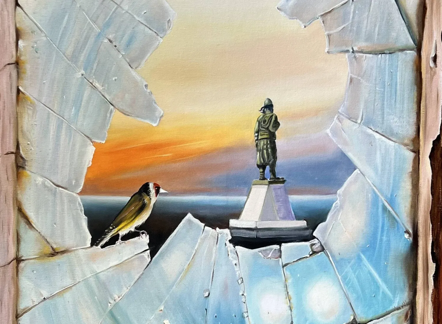 لوحة العصفور وتمثال المغترب اللبناني بريشة هادي يزبك (الشرق الأوسط)