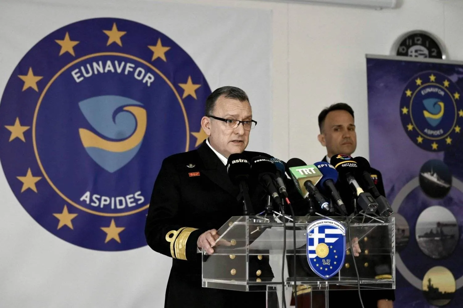 Rear Admiral Vasileios Gryparis addresses Red Sea security during a press conference in April. (AFP)