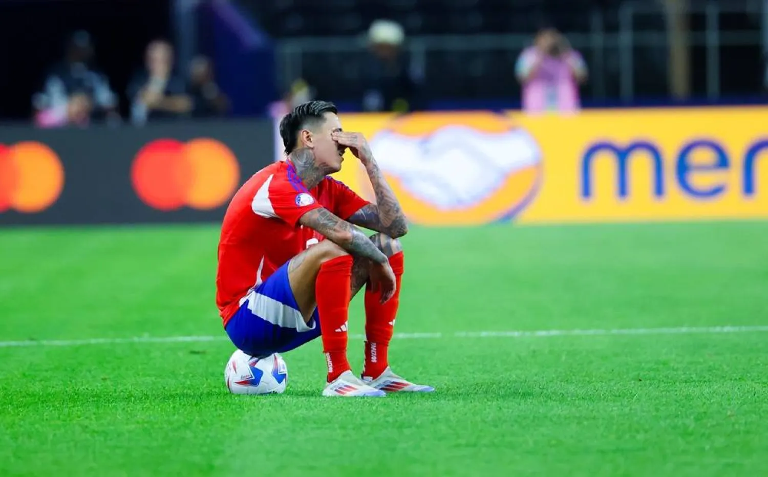 Chile midfielder Erick Pulgar reacts after the CONMEBOL Copa America 2024 group A match between Peru and Chile, in Arlington, Texas, USA, 21 June 2024. (EPA)