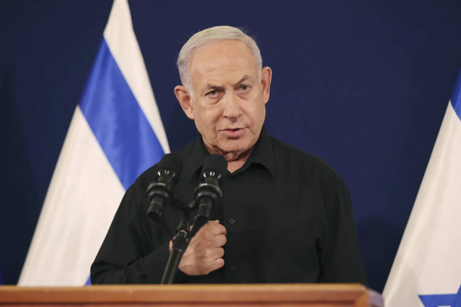 FILE - Israeli Prime Minister Benjamin Netanyahu speaks during a news conference in the Kirya military base in Tel Aviv, Israel, on Oct. 28, 2023. (Abir Sultan/Pool Photo via AP, File)