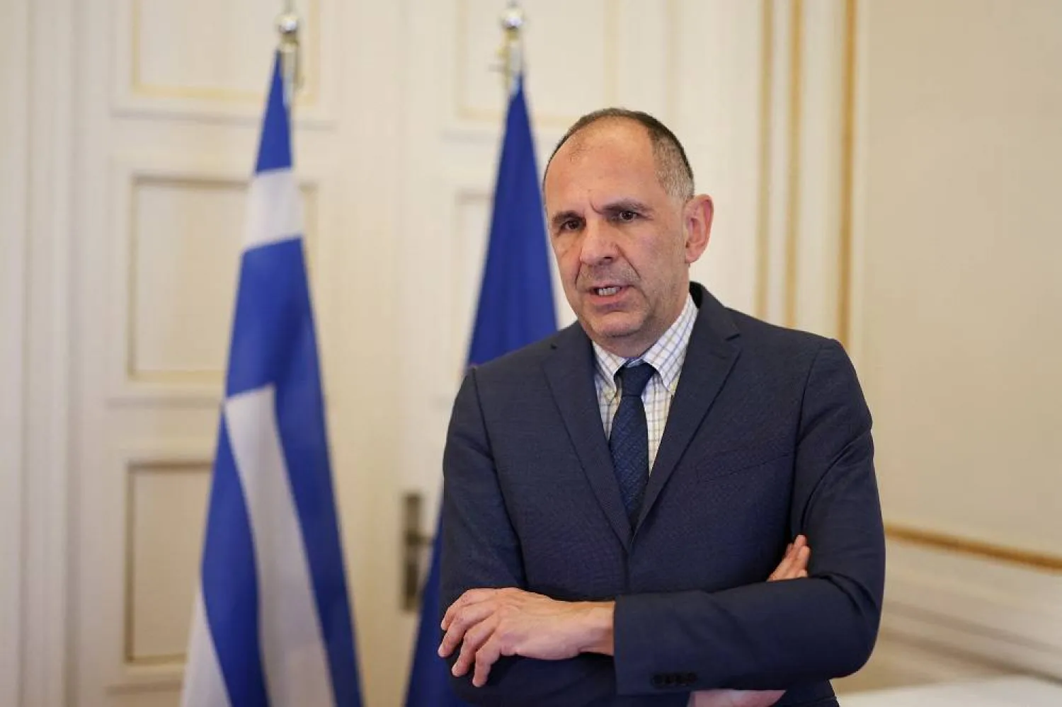 Greek Foreign Minister George Gerapetritis talks during an interview with Reuters, at the Ministry of Foreign Affairs in Athens, Greece, June 18, 2024. (Reuters) 
