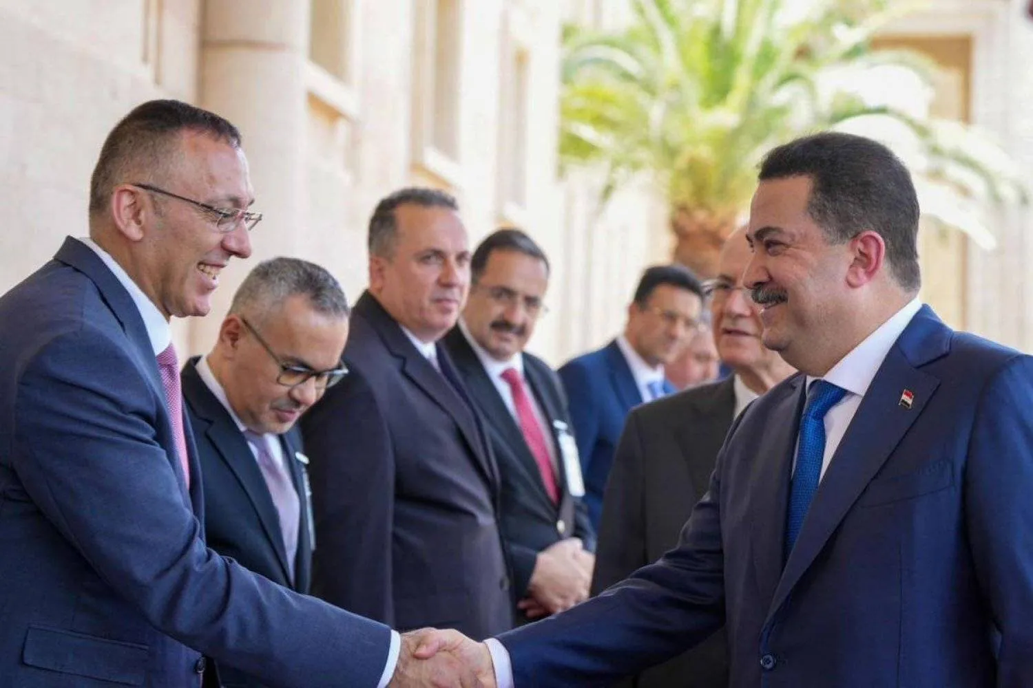 Iraqi PM Mohammed Shia Al-Sudani welcomes his Palestinian counterpart Mohammad Mustafa in Baghdad, June 6, 2024. (Government media) 