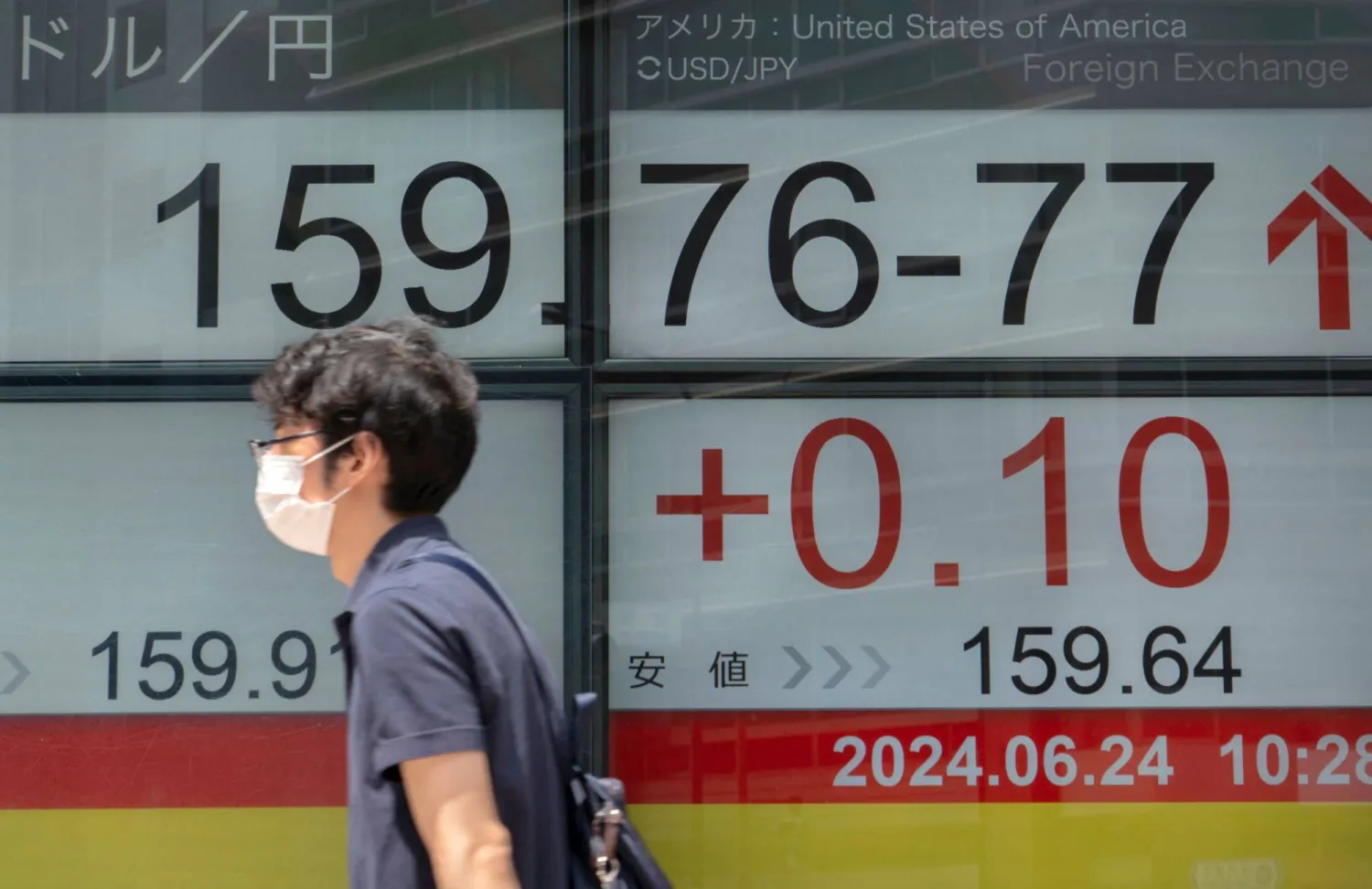 رجل يمر أمام شاشة تعرض تحركات الين مقابل الدولار في أحد شوارع العاصمة اليابانية طوكيو (أ.ف.ب)