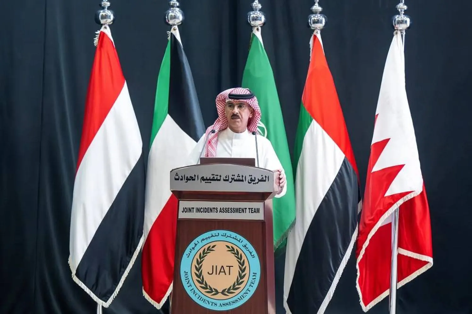  JIAT spokesman Mansour al-Mansour speaks at the press conference in Riyadh on Wednesday. (SPA)