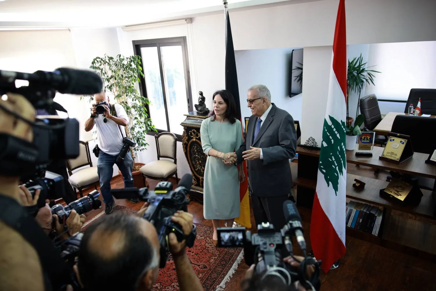 Lebanese Foreign Minister Abdallah Bou Habib meets his German counterpart, Annalena Baerbock, in Beirut on Tuesday (dpa)