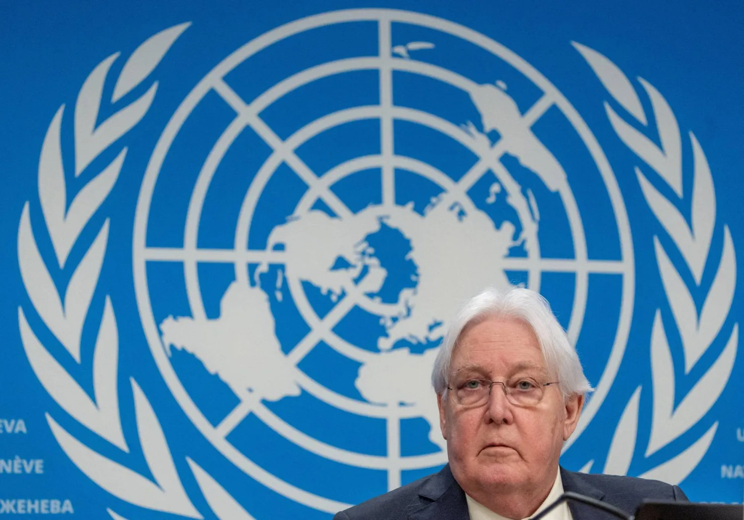 FILE PHOTO: Martin Griffiths, Under-Secretary-General for Humanitarian Affairs and Emergency Relief Coordinator briefs media on the launch of the funding appeal to support conflict-torn Sudan in 2024 at the United Nations European headquarters in Geneva, Switzerland, February 7, 2024. REUTERS/Denis Balibouse/File Photo