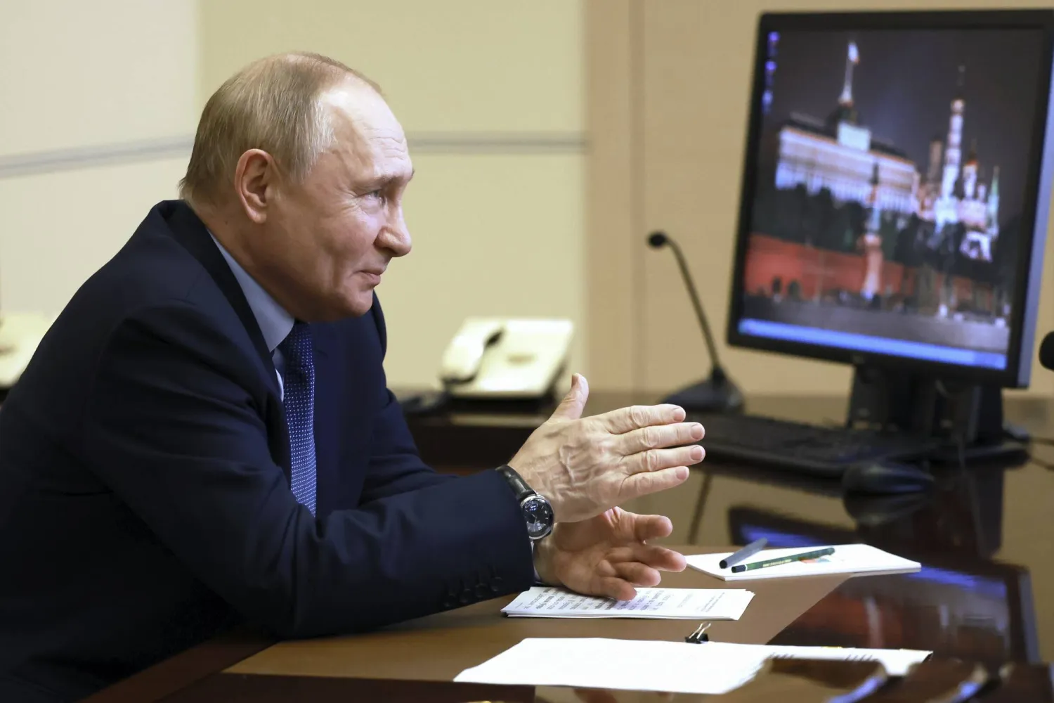 Russian President Vladimir Putin speaks during a meeting with graduates of Russian Presidential Academy of National Economy and Public Administration via videoconference at the Novo-Ogaryovo residence outside Moscow, Russia, Friday, June 28, 2024. (Vyacheslav Prokofyev, Sputnik, Kremlin Pool Photo via AP)