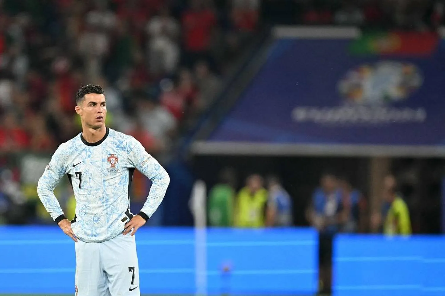 Portugal's forward #07 Cristiano Ronaldo reacts after he lost the UEFA Euro 2024 Group F football match between Georgia and Portugal at the Arena AufSchalke in Gelsenkirchen on June 26, 2024. (AFP)