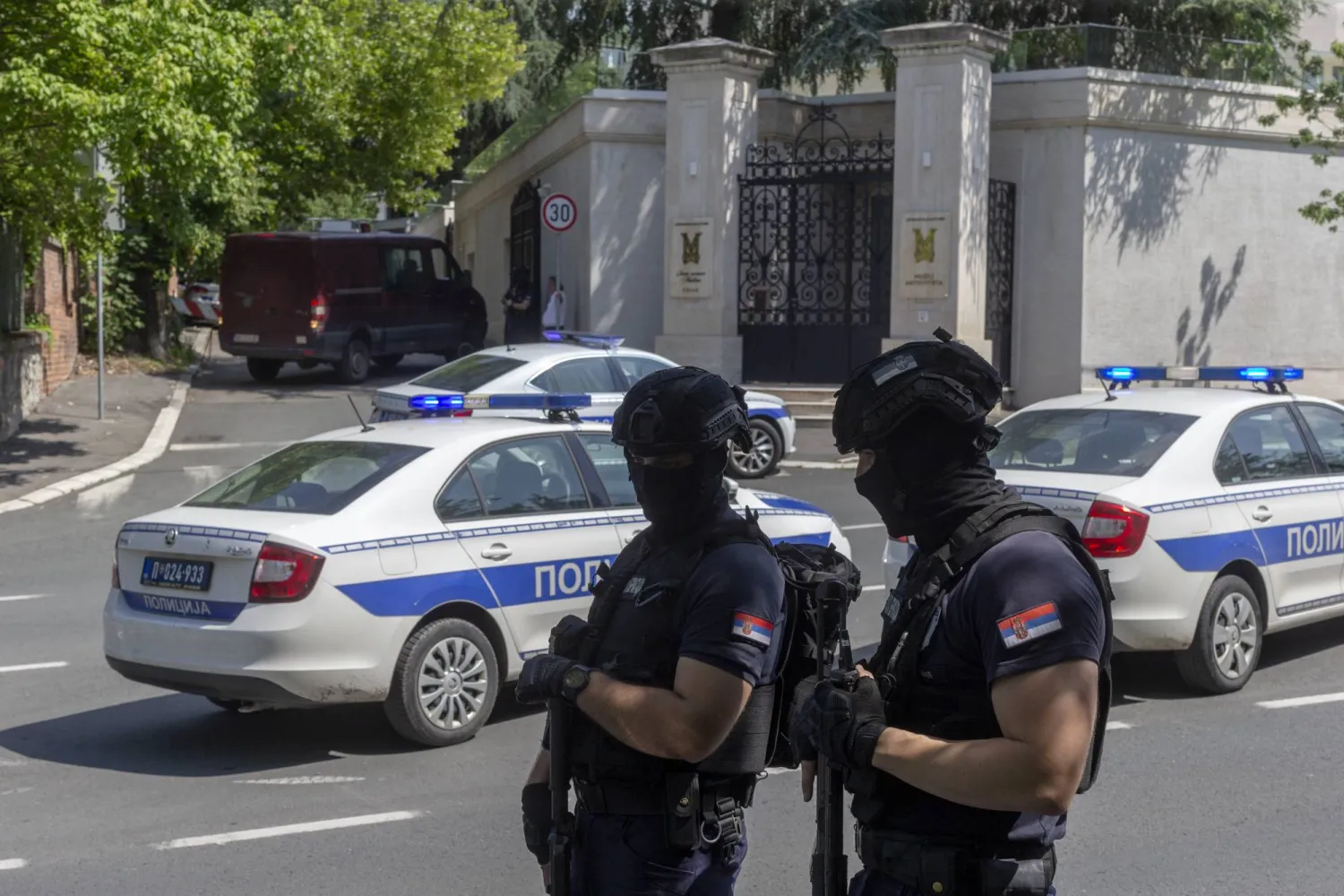 Police officers block off traffic at an intersection close to the Israeli embassy in Belgrade, Serbia, Saturday, June 29, 2024. (AP Photo/Marko Drobnjakovic)