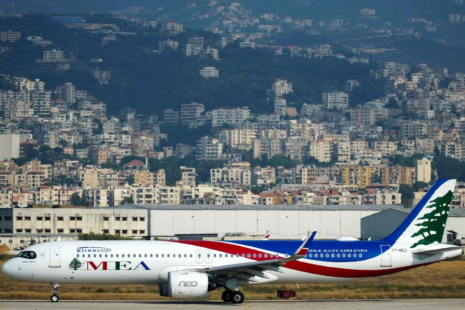(FILES) Middle East Airlines' A321NEO plane is seen on the tarmac of Rafic Hariri international airport in the Lebanese capital Beirut, on August 10, 2022. (Photo by Roy ISSA / AFP)