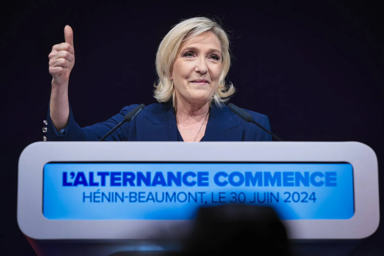A handout photo made available by the official X account of Marine Le Pen shows Marine Le Pen, the candidate for the National Rally party reacting at the end of the French election day in Paris, France, 01 July 2024. EPA/Cuenta Oficial Marine Le Pen 