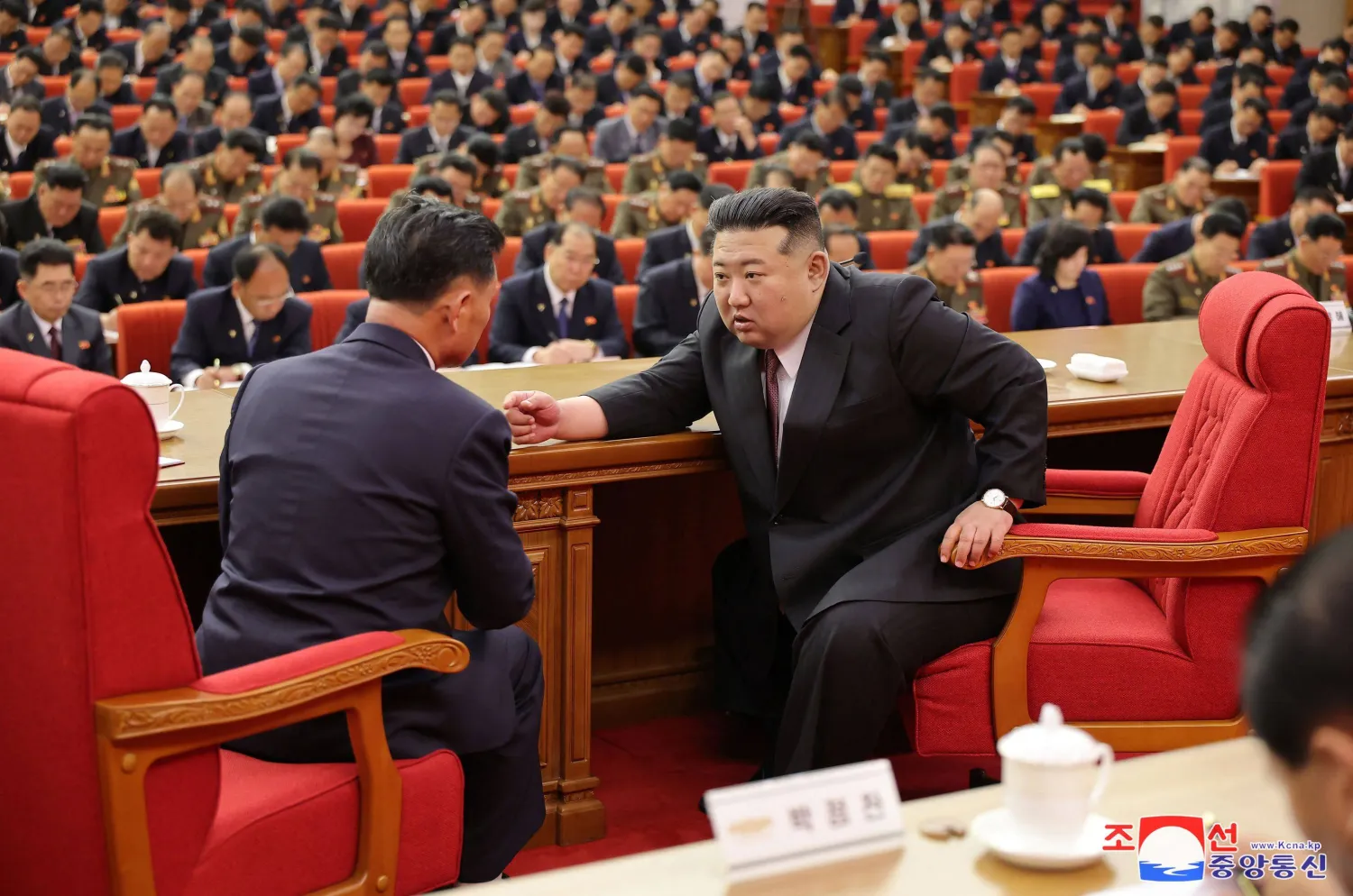 This undated photo released by North Korea's official Korean Central News Agency (KCNA) on July 2, 2024 shows North Korean leader Kim Jong Un (R) attending the Enlarged Meeting of 10th Plenary Meeting of 8th Central Committee of the Workers' Party of Korea, held from June 28 to July 1 in North Korea. (Photo by KCNA VIA KNS / AFP) 