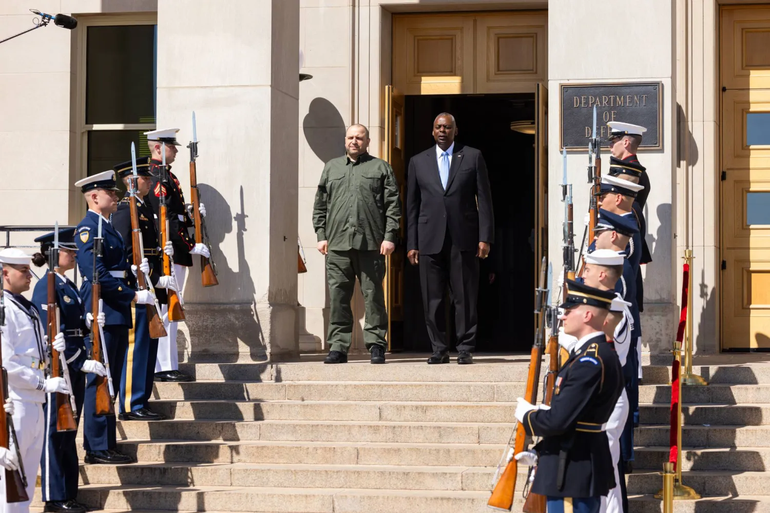 US Secretary of Defense Lloyd Austin (R) welcomes Ukrainian Defense Minister Rustem Umerov (L) to the Pentagon in Arlington, Virginia, USA, 02 July 2024. EPA/JIM LO SCALZO