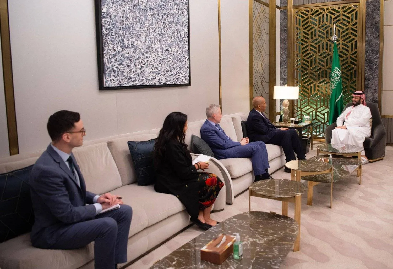 Prince Mohammed bin Salman bin Abdulaziz Al Saud, Crown Prince and Prime Minister, meets with US Senator Cory Booker in Jeddah. (SPA)