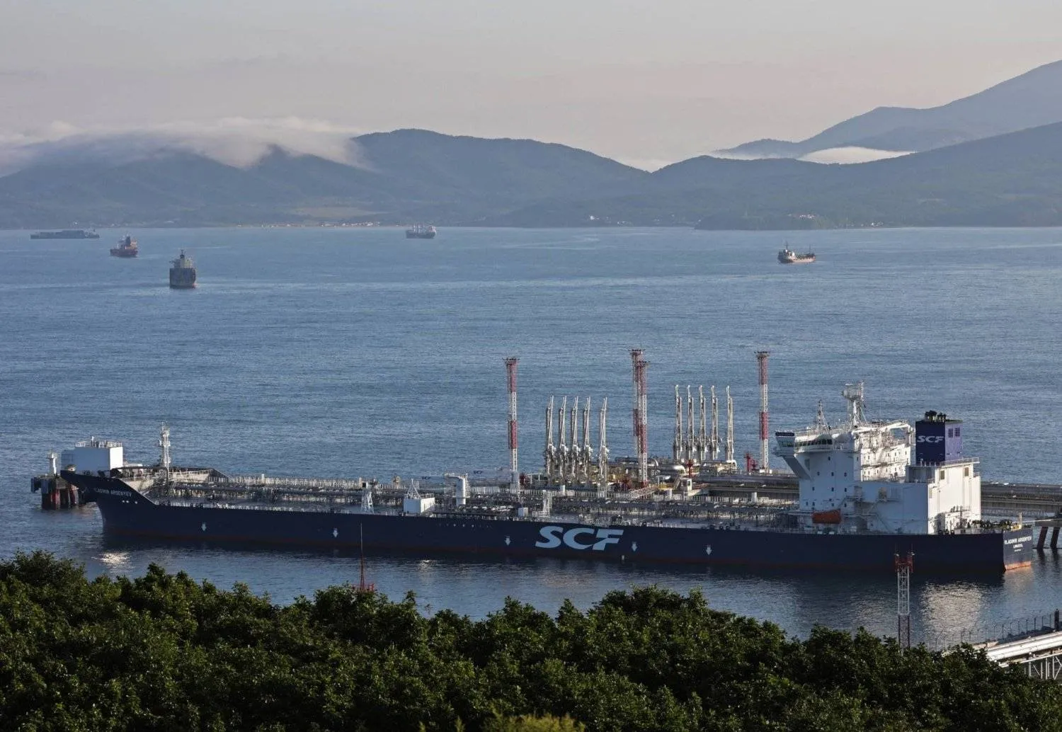 An aerial view shows Vladimir Arsenyev tanker at the crude oil terminal Kozmino on the shore of Nakhodka Bay near the port city of Nakhodka, Russia August 12, 2022. REUTERS/Tatiana Meel/File Photo Purchase Licensing Rights