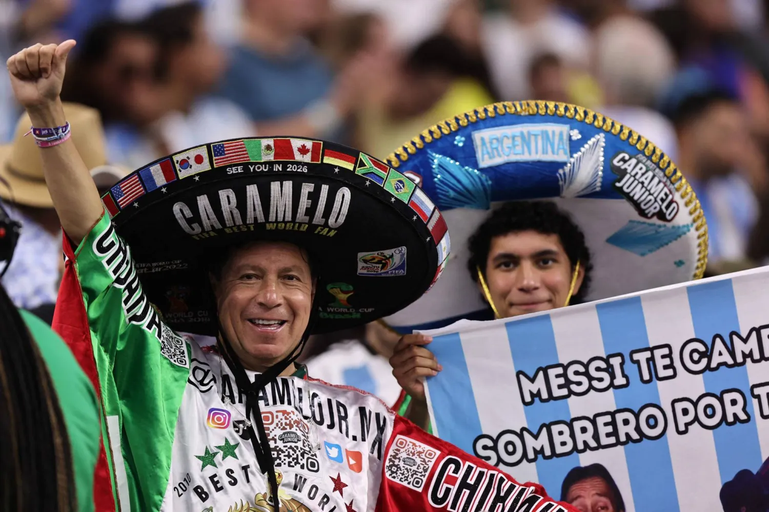 HOUSTON, TEXAS - JULY 04: Fans wearing Mexican sombreros cheer prior to the CONMEBOL Copa America 2024 quarter-final match between Argentina and Ecuador at NRG Stadium on July 04, 2024 in Houston, Texas. Omar Vega/Getty Images/AFP