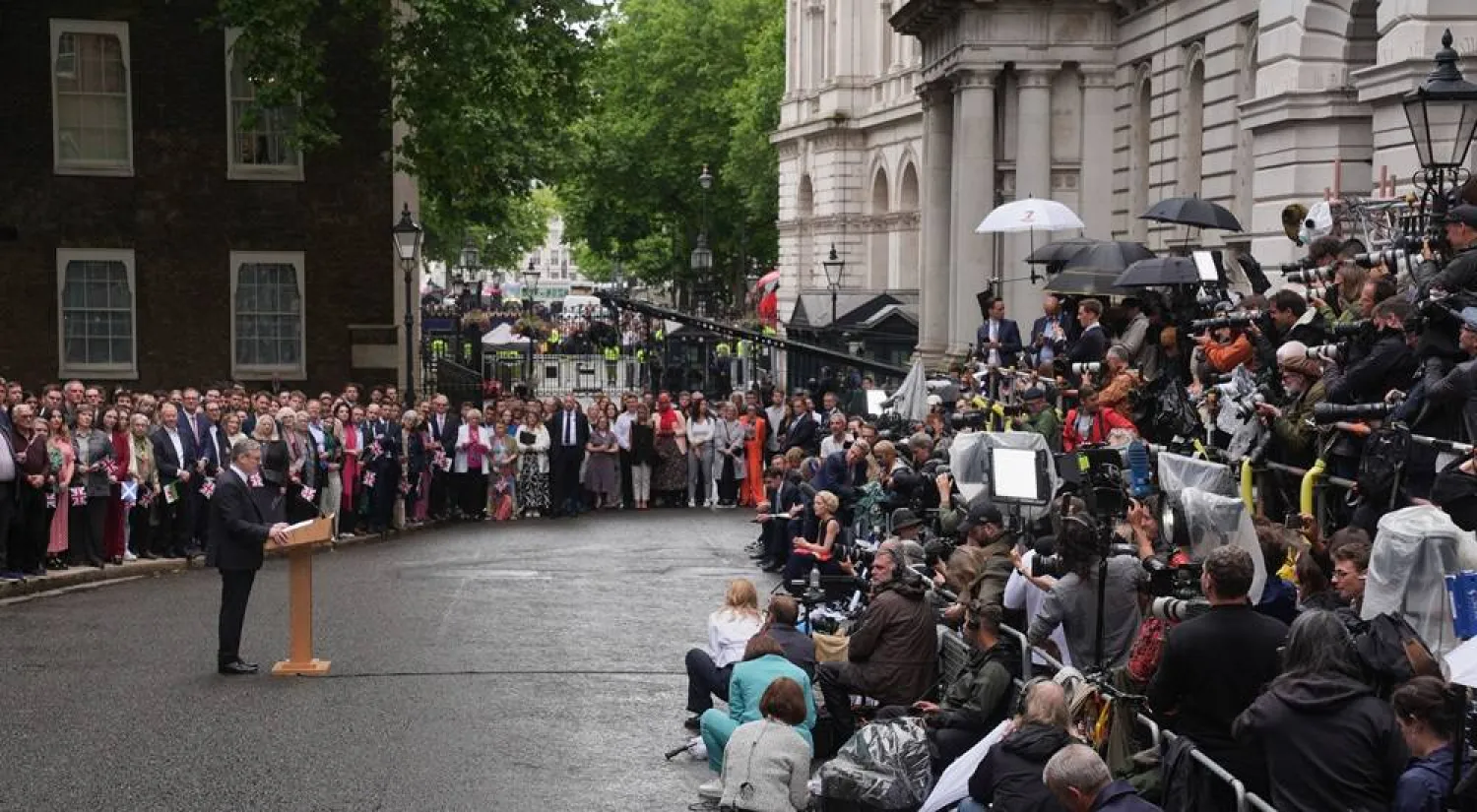  05 July 2024, United Kingdom, London: Newly elected UK Prime Minister Sir Keir Starmer gives a speech at his official London residence at No 10 Downing Street for the first time after the Labour party won a landslide victory at the 2024 General Election. (Lucy North/PA Wire/dpa) 