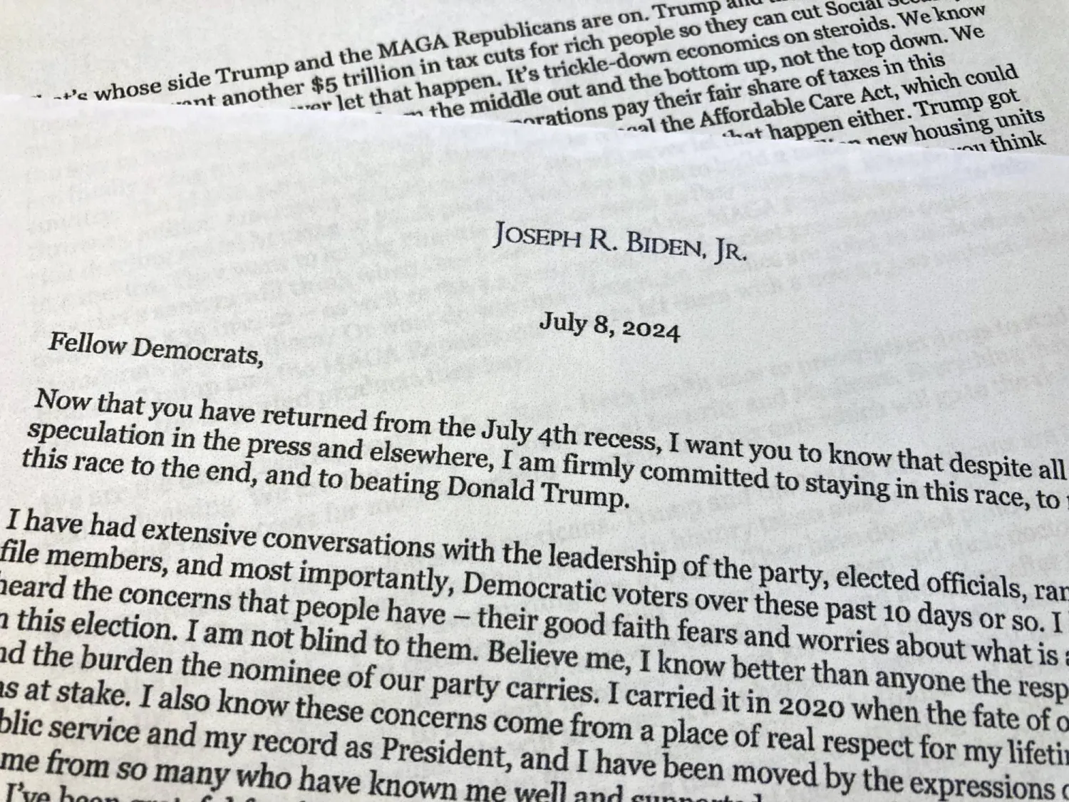 A letter that President Joe Biden sent to House Democrats telling them to support him in election, shown Monday, July 8, 2024 in Washington. (AP Photo)