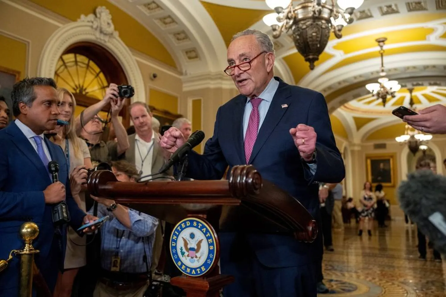  Senate Majority Leader Chuck Schumer (D-NY) answers reporters questions during a press conference following the weekly Senate caucus luncheons on Capitol Hill in Washington, US, July 9, 2024. (Reuters)