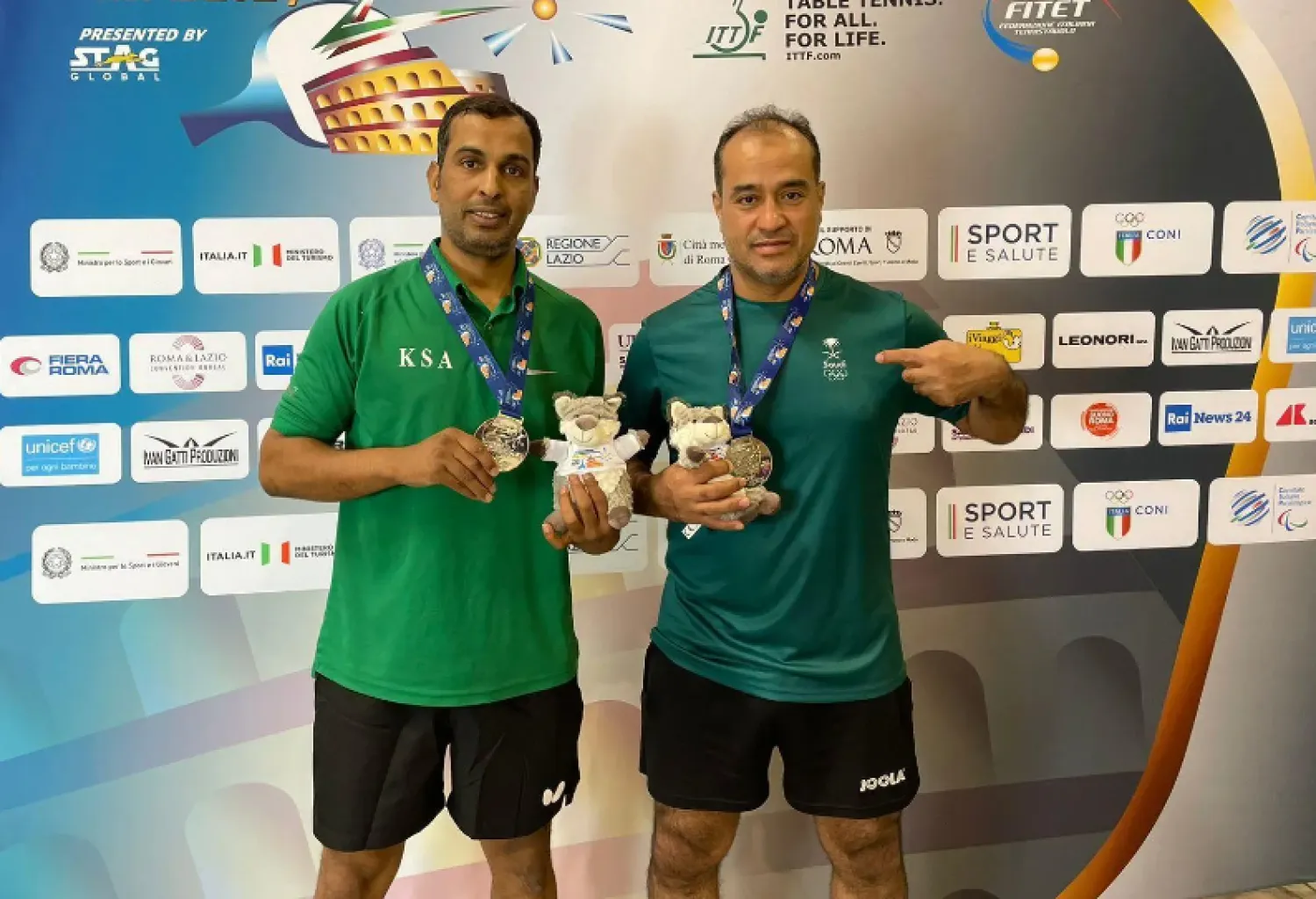 Saudi Arabia’s Majid Binsuaiger and Khalid Al-Harbi win the silver medal in table tennis doubles at the ITTF World Masters Championships Rome 2024. SPA