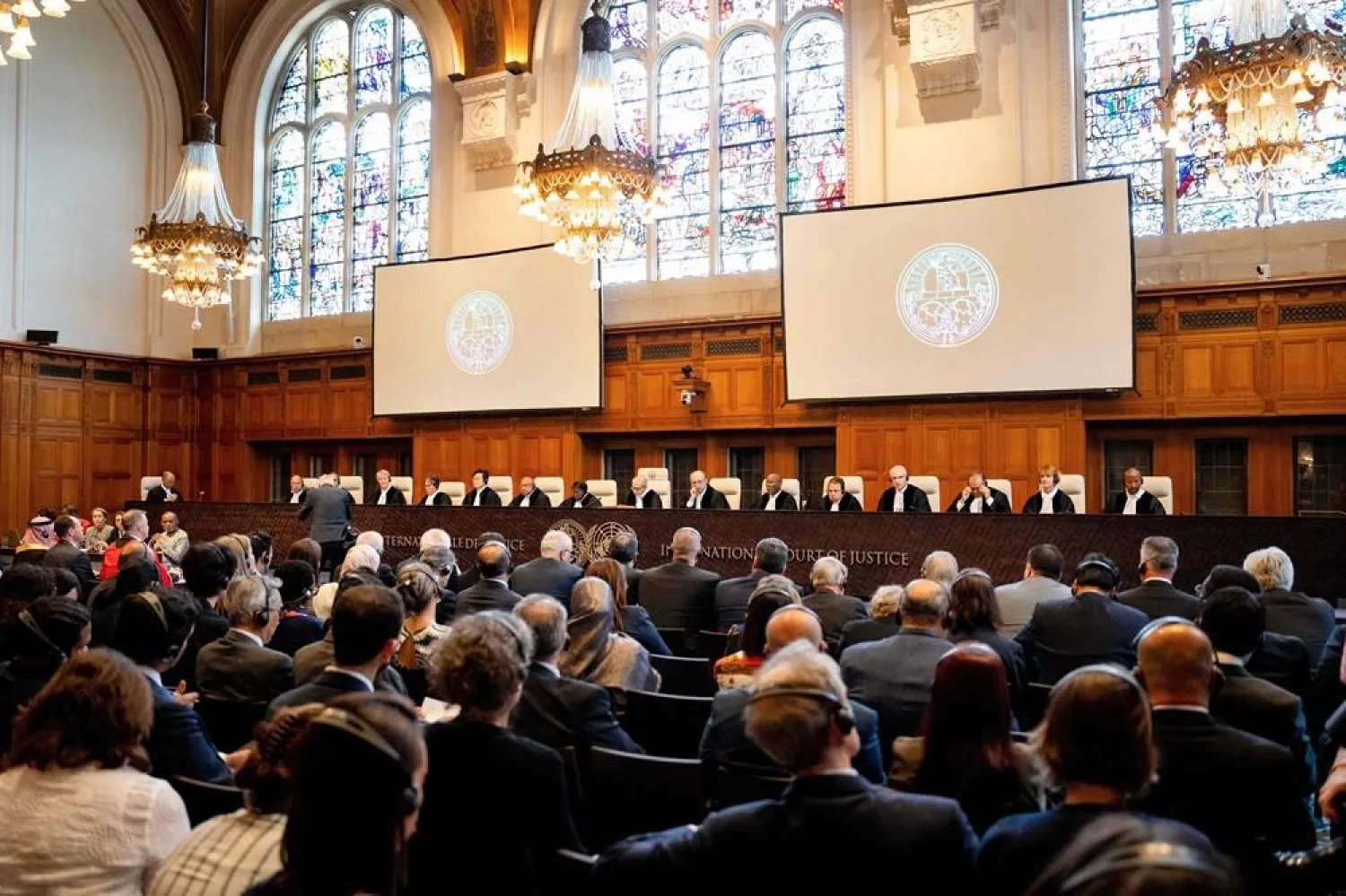 This photograph shows a general view of the courtroom during a non-binding ruling on the legal consequences of the Israeli occupation of the West Bank and East Jerusalem at the International Court of Justice (ICJ) in The Hague on July 19, 2024. (AFP)