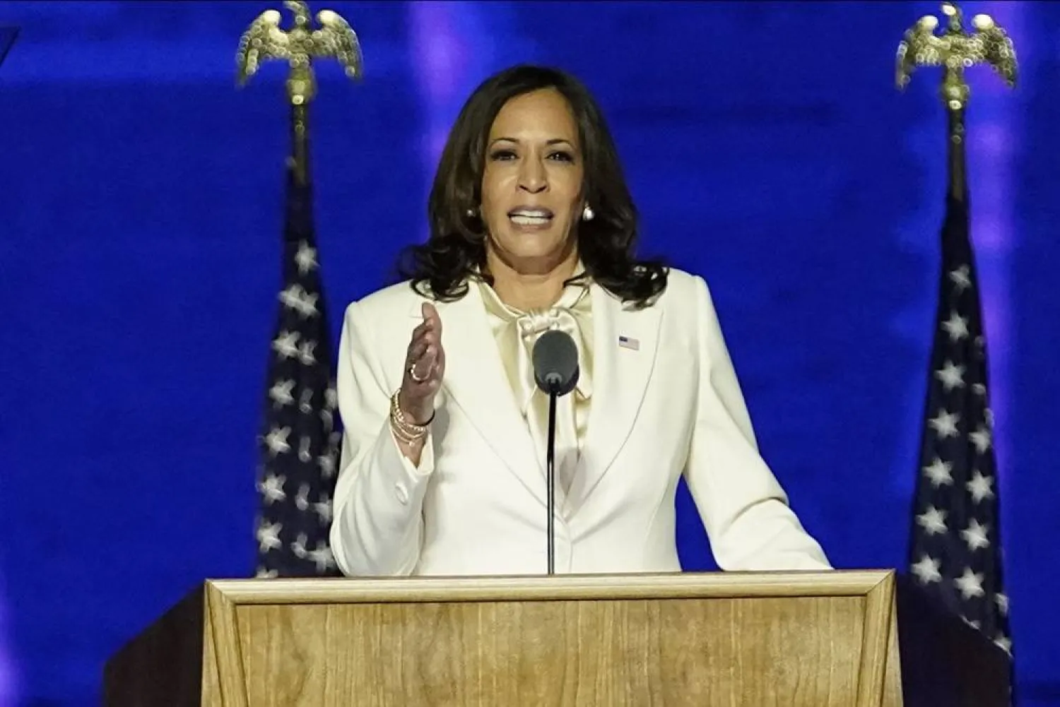 Vice President-elect Kamala Harris delivers remarks in Wilmington, Delaware, on November 7, 2020, after being declared the winners of the presidential election. (AFP)