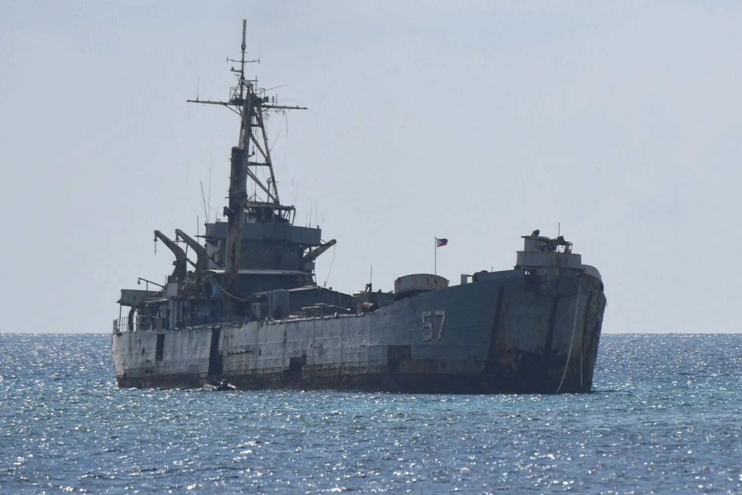 This file photo taken on April 23, 2023 shows the grounded Philippine navy ship BRP Sierra Madre, where marines are stationed to assert Manila’s territorial claims at Second Thomas Shoal in the Spratly Islands, in disputed waters of the South China Sea. FILE PHOTO/Agence France-Presse


