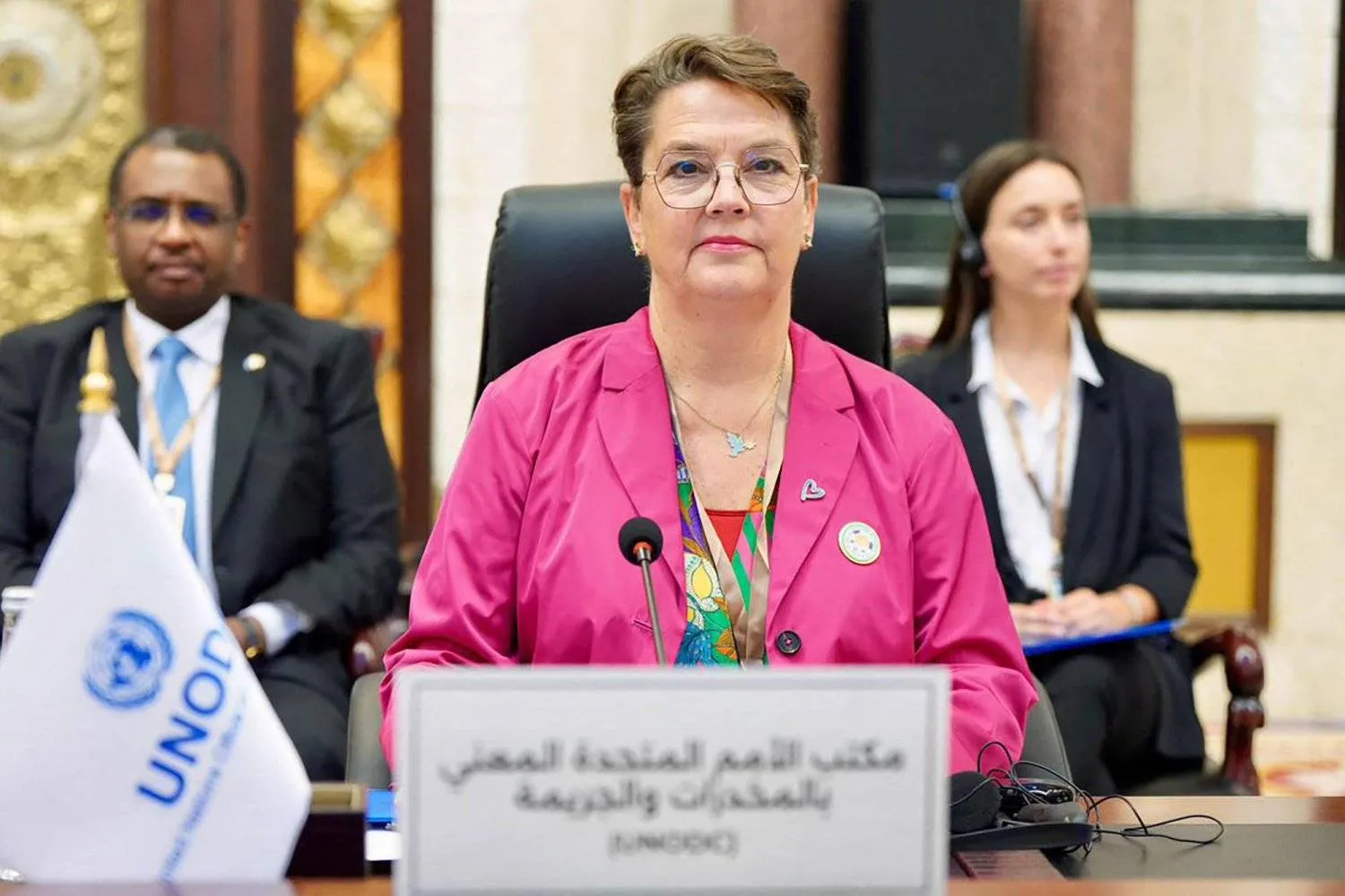 A handout picture released by the Iraqi prime minister's office shows Cristina Albertin, a regional representative of the United Nations Office on Drugs and Crime, during an anti-drug conference held in Baghdad on July 22, 2024. (Photo by IRAQI PRIME MINISTER'S PRESS OFFICE / AFP) 