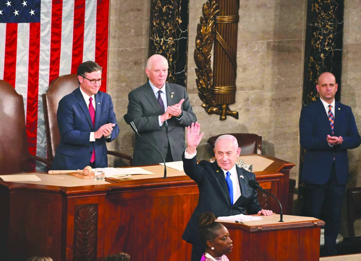 رئيس الوزراء الإسرائيلي بنيامين نتنياهو لدى إلقاء خطابه الرابع أمام الكونغرس في واشنطن (أ.ف.ب)