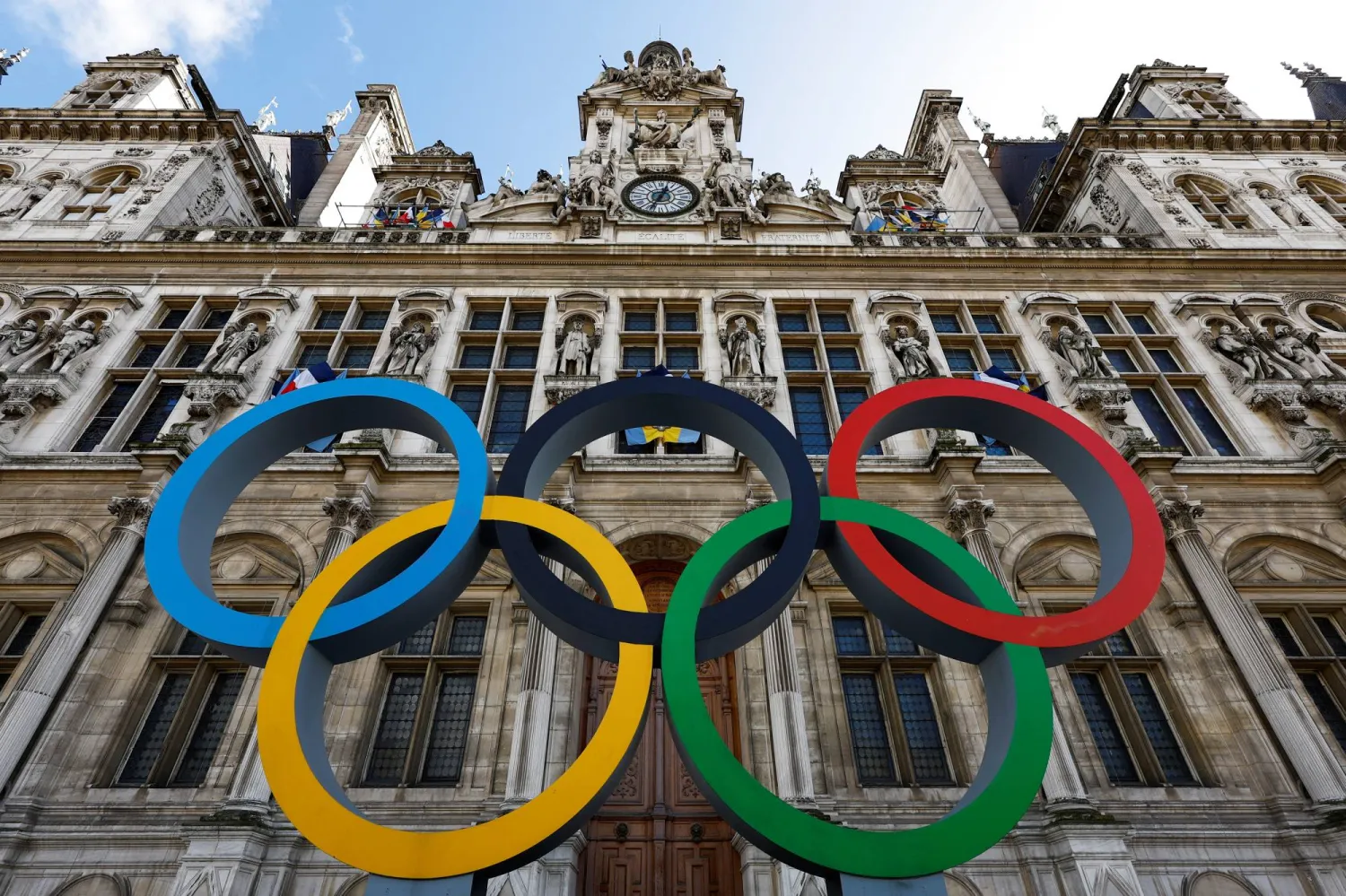 The Olympic rings are seen in front of the Hotel de Ville City Hall in Paris, France, March 14, 2023. REUTERS/Gonzalo Fuentes Purchase Licensing Rights