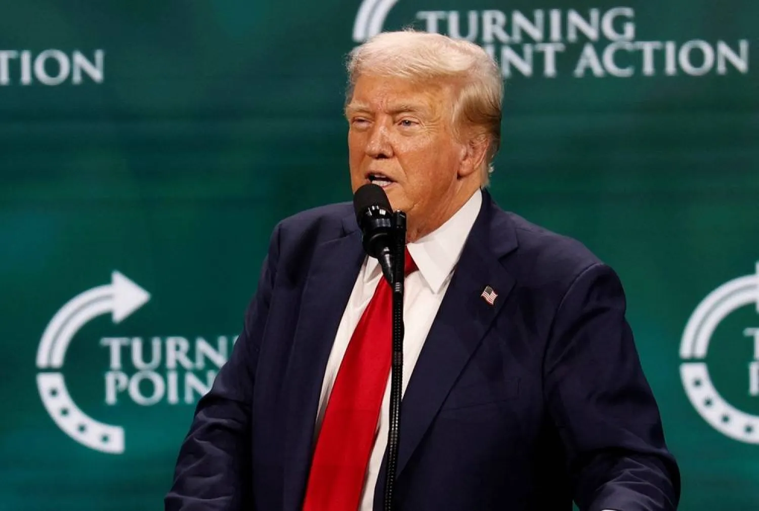 Republican presidential nominee and former US President Donald Trump speaks at Turning Point Action's The Believers Summit 2024 in West Palm Beach, Florida, US, July 26, 2024. (Reuters)  