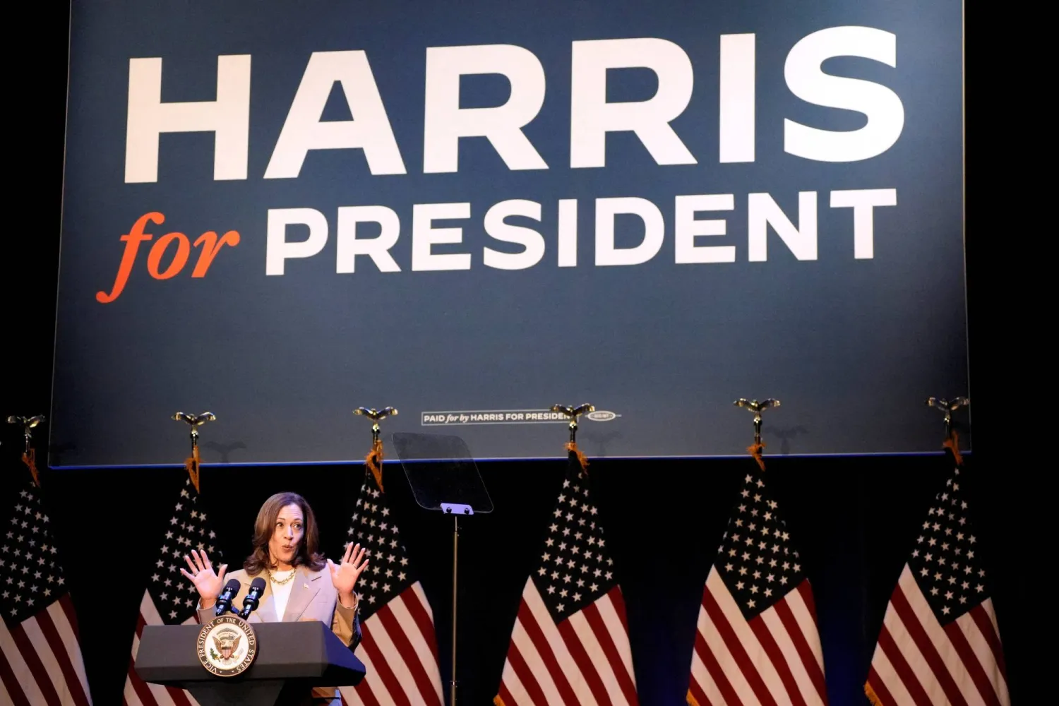 FILE PHOTO: US Vice President Kamala Harris delivers remarks at a campaign event in Pittsfield, Mass., US,  July 27, 2024. Stephanie Scarbrough/Pool via REUTERS/File Photo
