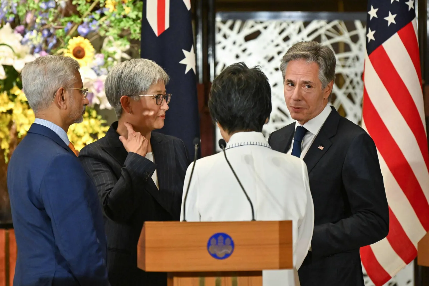 (L to R) India's Foreign Minister Subrahmanyam Jaishankar, Australia's Foreign Minister Penny Wong, Japan's Foreign Minister Yoko Kamikawa and US Secretary of State Antony Blinken chat at the end of their press conference following the Quad Ministerial Meeting at the Iikura Guest House in Tokyo on July 29, 2024. (Photo by Kazuhiro NOGI / AFP)