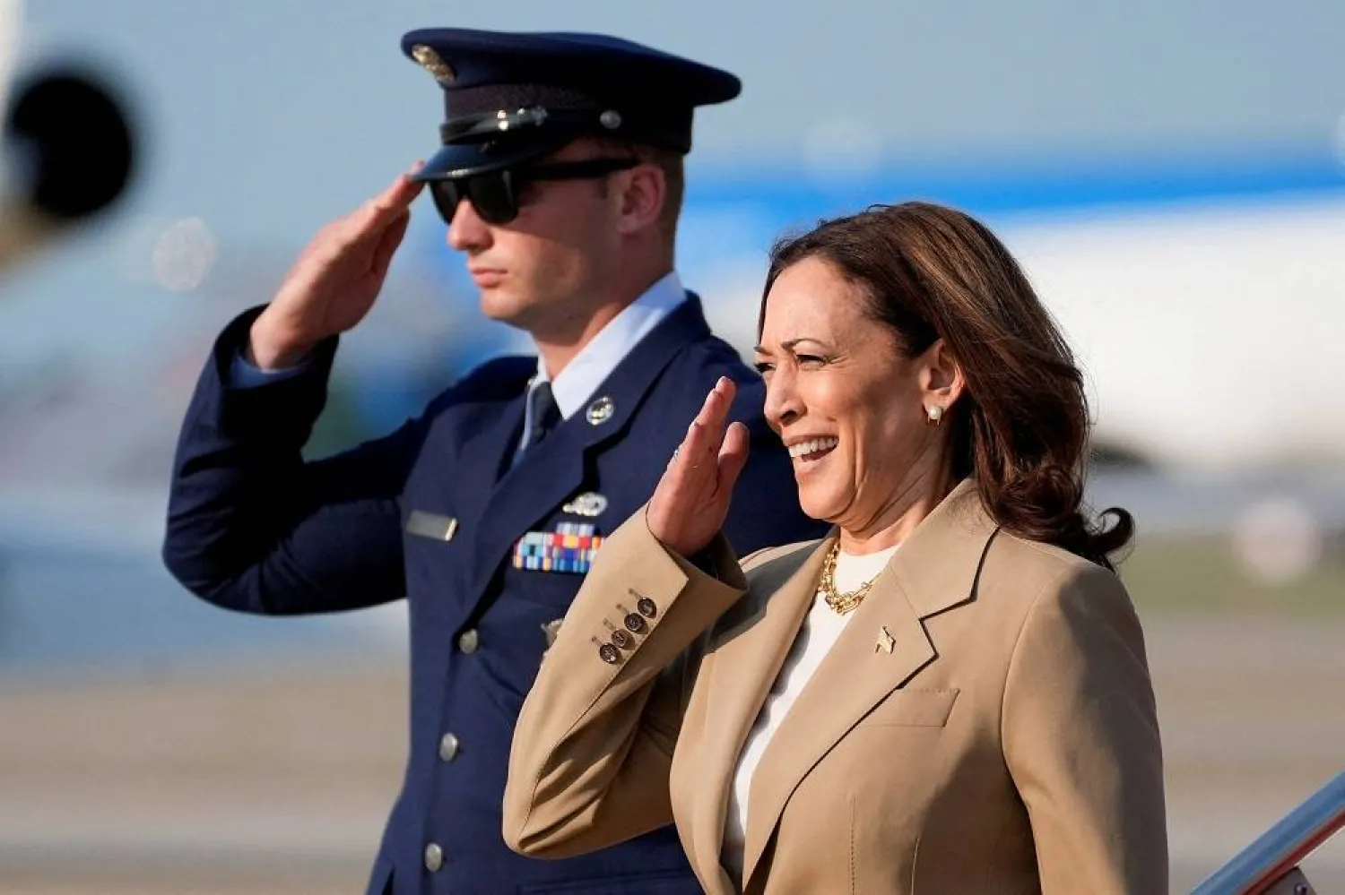 US Vice President Kamala Harris salutes upon arrival at Joint Base Andrews in Maryland, July 27, 2024. (Reuters)