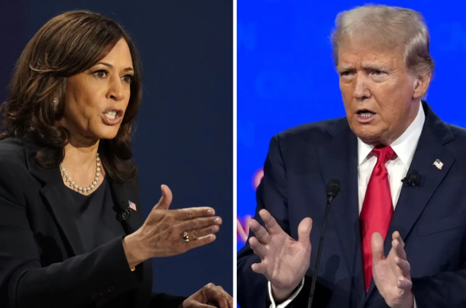 Democratic vice presidential candidate Sen. Kamala Harris, D-Calif., speaks during a debate, Oct. 7, 2020, in Salt Lake City, left, and Republican presidential candidate former President Donald Trump speaks during a debate, June 27, 2024, in Atlanta. (AP Photo)

